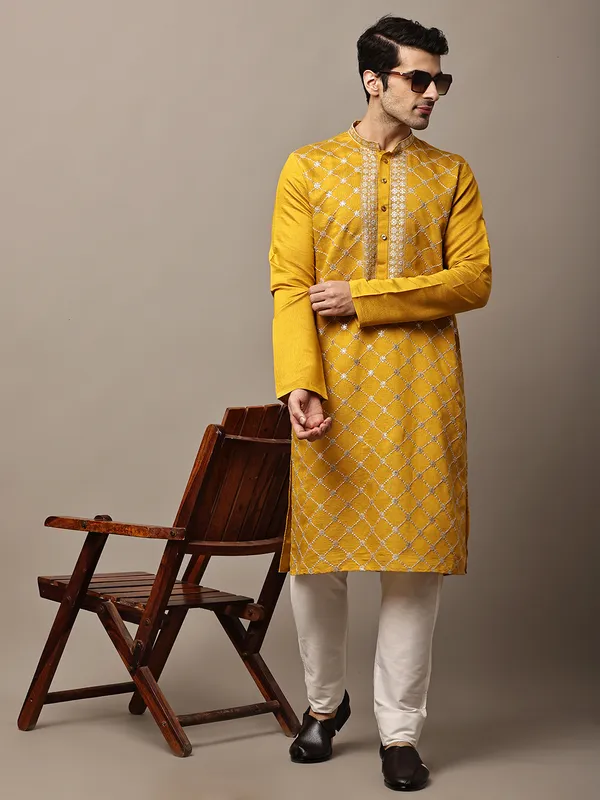 Mustard_Yellow_Embroidered_Kurta_Set_with_Cream_Pajama_For_Men