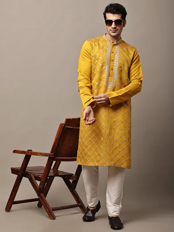 Mustard_Yellow_Embroidered_Kurta_Set_with_Cream_Pajama_For_Men
