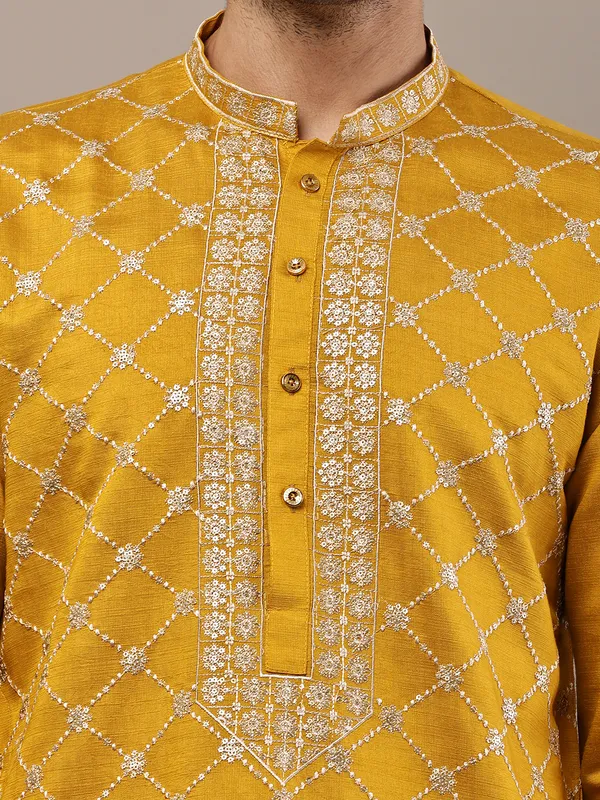 Mustard_Yellow_Embroidered_Kurta_Set_with_Cream_Pajama_For_Men