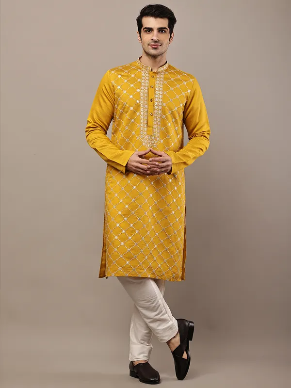 Mustard_Yellow_Embroidered_Kurta_Set_with_Cream_Pajama_For_Men