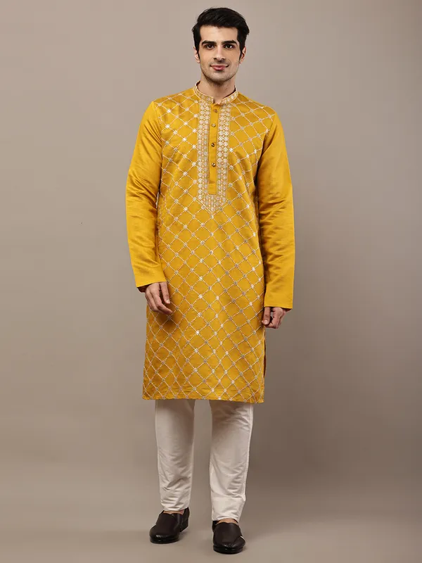 Mustard_Yellow_Embroidered_Kurta_Set_with_Cream_Pajama_For_Men