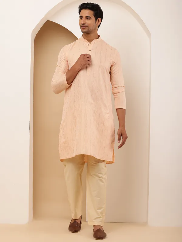 Coral_Peach_Viscose_Blend_Mandarin_Collar_Kurta_For_Men