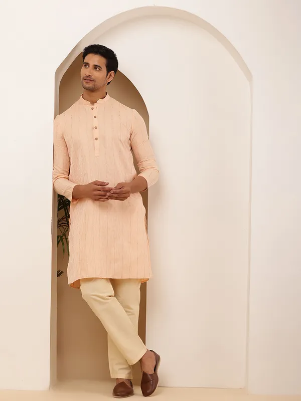 Coral_Peach_Viscose_Blend_Mandarin_Collar_Kurta_For_Men