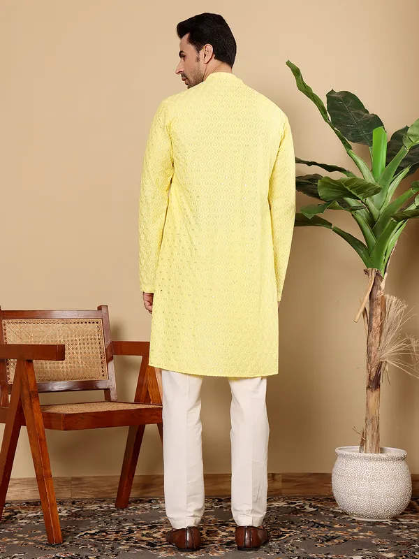 Yellow_Rayon_Silk_Straight_Classic_Chikankari_Kurta_For_Men