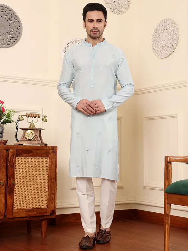 Light_Blue_Straight_Viscose_Silk_Embroidered_Neckline_And_Motifs_Kurta_For_Men