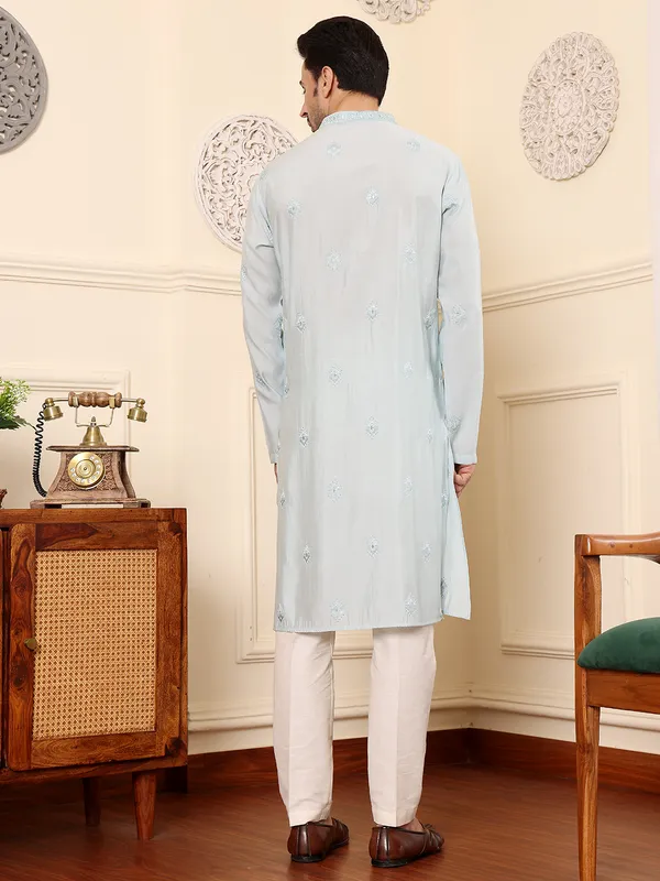 Light_Blue_Straight_Viscose_Silk_Embroidered_Neckline_And_Motifs_Kurta_For_Men