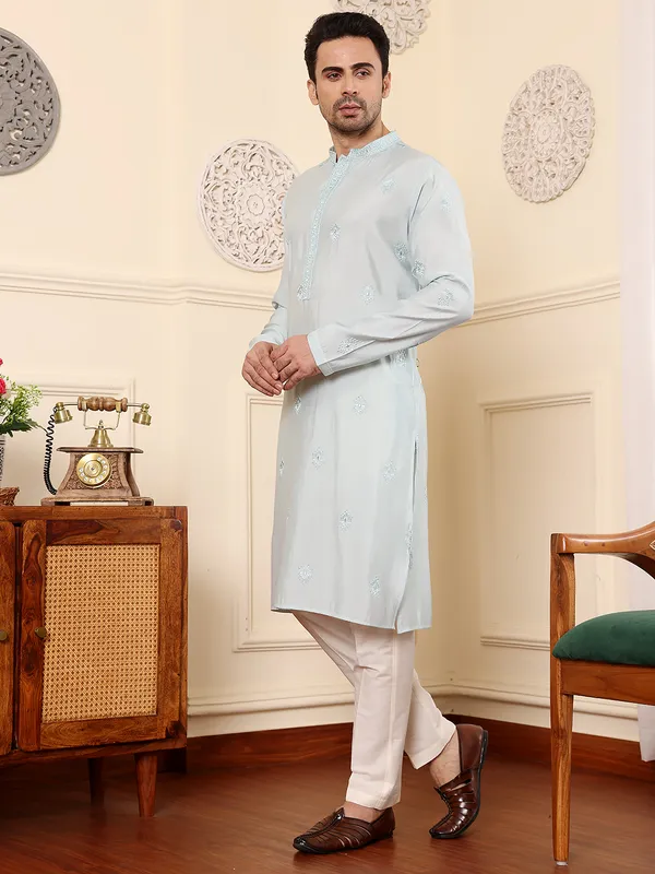 Light_Blue_Straight_Viscose_Silk_Embroidered_Neckline_And_Motifs_Kurta_For_Men