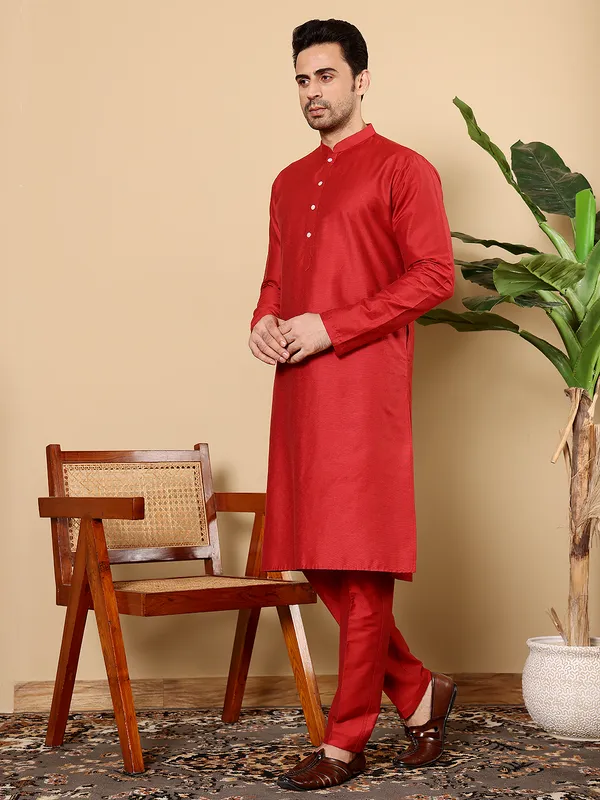 Red_Straight_Viscose_Silk_Kurta_For_Men