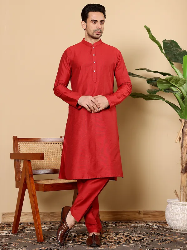 Red_Straight_Viscose_Silk_Kurta_For_Men