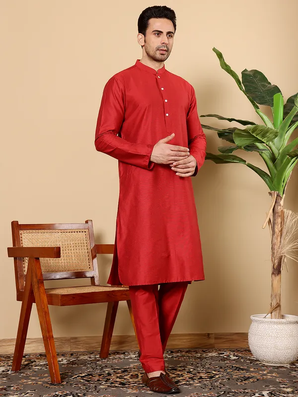 Red_Straight_Viscose_Silk_Kurta_For_Men
