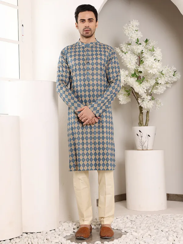 Elegant_Printed_Blue_And_Cream_Straight_Cotton_Kurta_For_Men