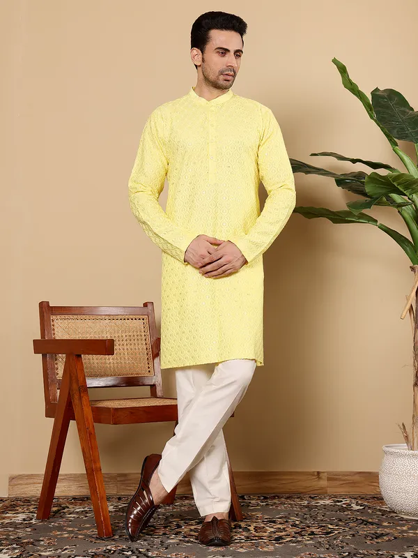 Yellow_Rayon_Silk_Straight_Classic_Chikankari_Kurta_For_Men