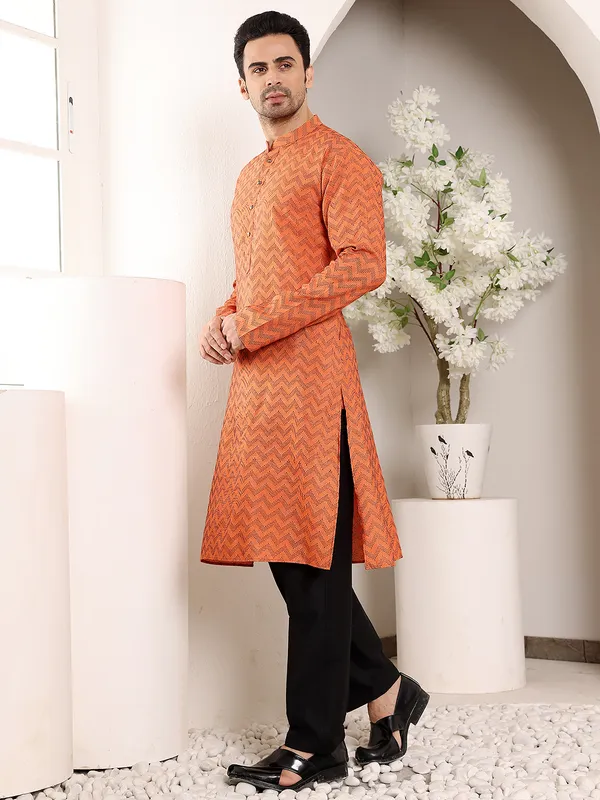 Orange_Elegant_Straight_Cotton_Ikkat_Print_Kurta_For_Men