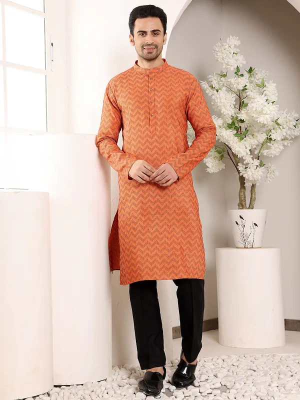 Orange_Elegant_Straight_Cotton_Ikkat_Print_Kurta_For_Men