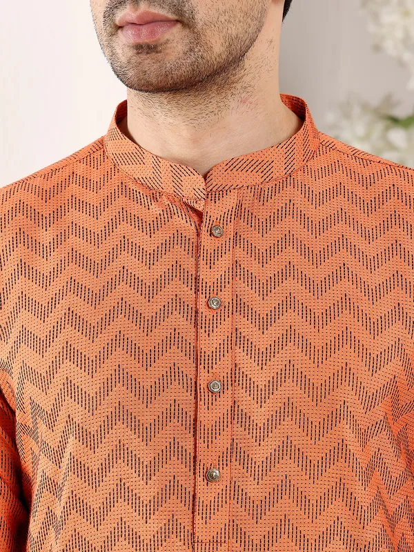Orange_Elegant_Straight_Cotton_Ikkat_Print_Kurta_For_Men