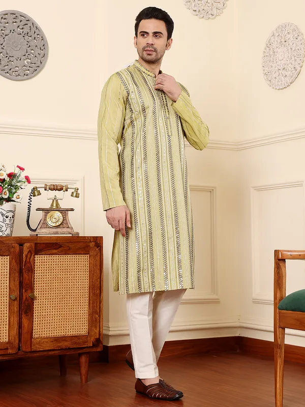 Light_Green_Viscose_Silk_Ethnic_Straight_Embroidery_Kurta_For_Men