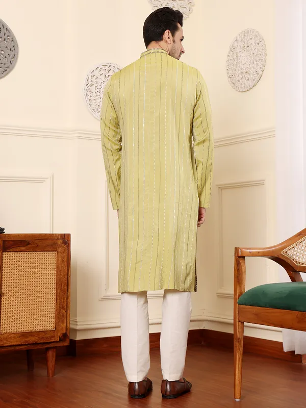 Light_Green_Viscose_Silk_Ethnic_Straight_Embroidery_Kurta_For_Men