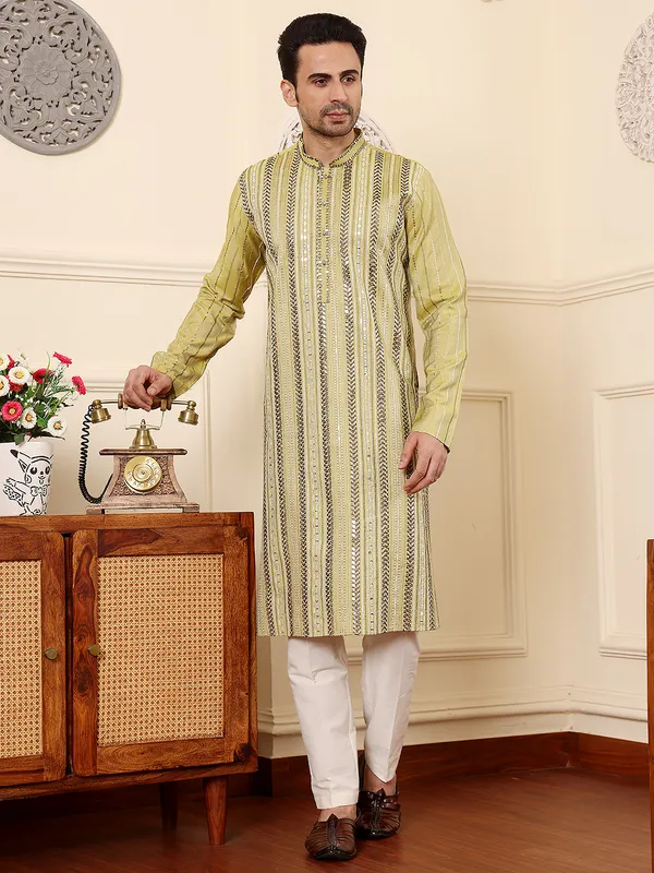 Light_Green_Viscose_Silk_Ethnic_Straight_Embroidery_Kurta_For_Men