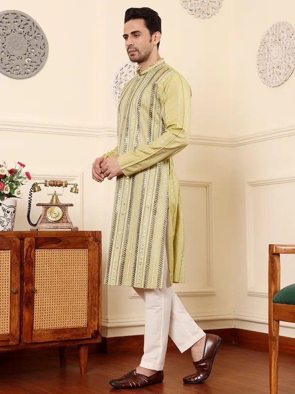 Light_Green_Viscose_Silk_Ethnic_Straight_Embroidery_Kurta_For_Men
