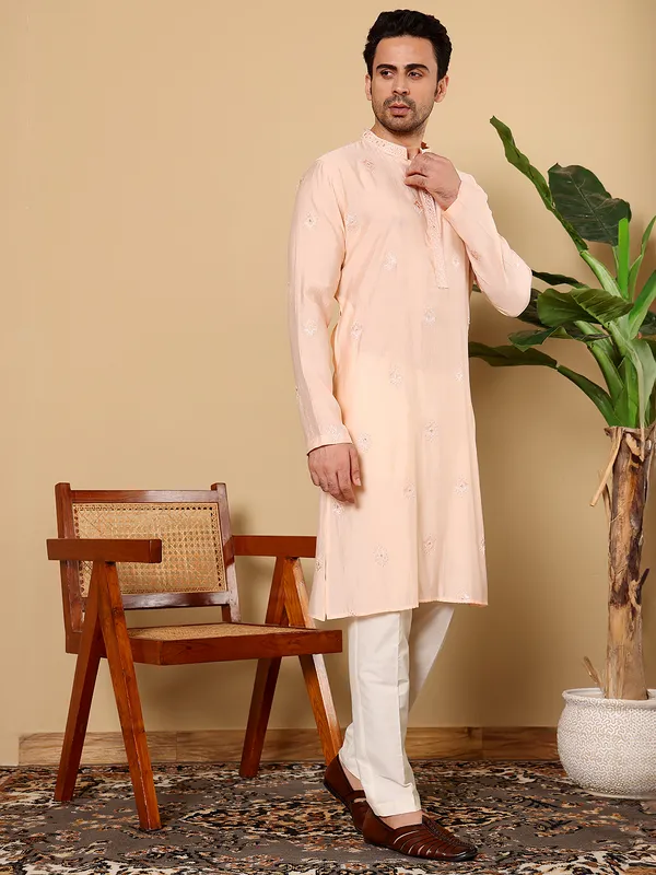 Cream_Straight_Viscose_Silk_Embroidered_Neckline_And_Motifs_Kurta_For_Men