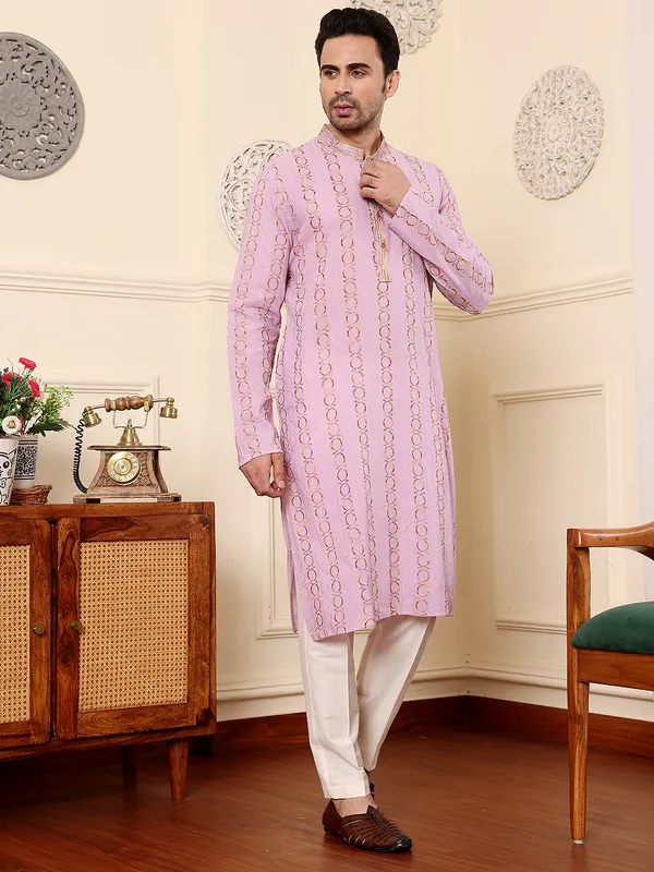 Elegant_Pink_Cotton_Printed__Straight_Kurta_For_Men