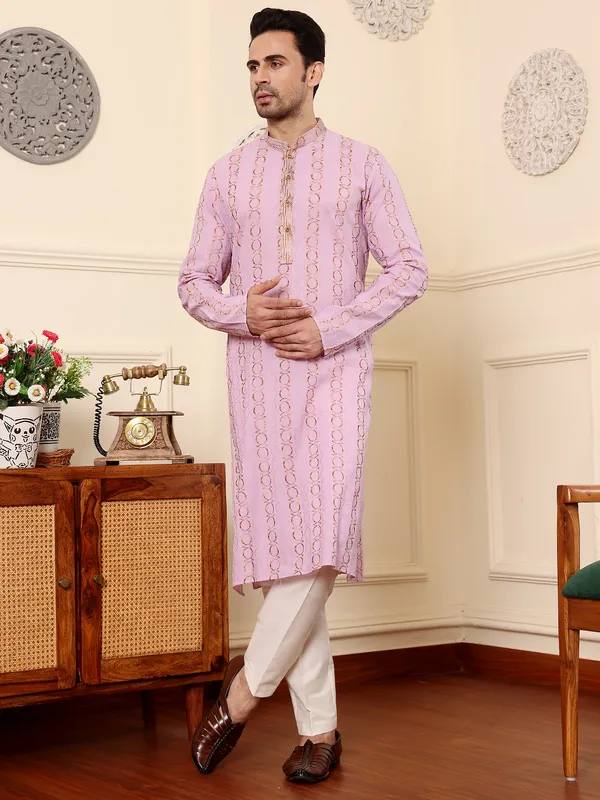 Elegant_Pink_Cotton_Printed__Straight_Kurta_For_Men