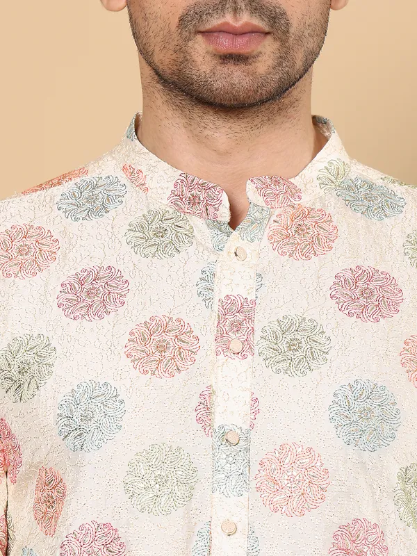 Cream_Straight_Viscose_Dupion_Silk_Printed_Kurta_For_Men