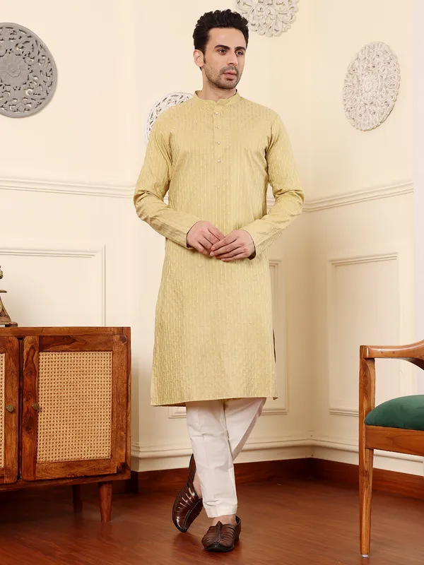 Yellow_Straight_Rayon_Silk_Textured_Effect_Kurta_For_Men