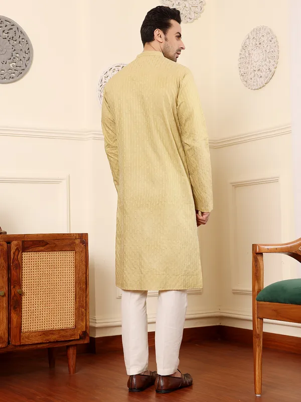 Yellow_Straight_Rayon_Silk_Textured_Effect_Kurta_For_Men