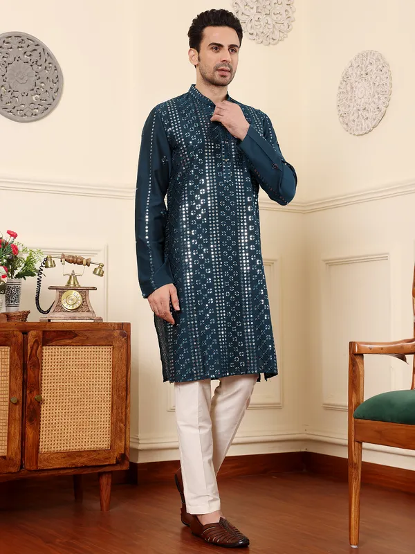 Dark_Blue_Straight_Viscose_Silk_Embroidered_Neckline_And_Motifs_Kurta_For_Men