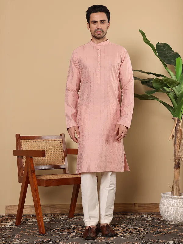 Pink_Straight_Viscose_Silk_Textured_Effect_Kurta_For_Men