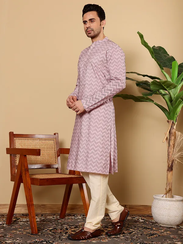 Pink_Elegant_Straight_Cotton_printed_Kurta_For_Men