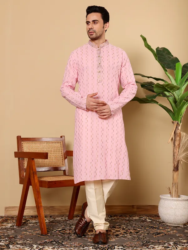 Pink_Straight_Cotton_Elegant_Embroidery_Kurta_For_Men