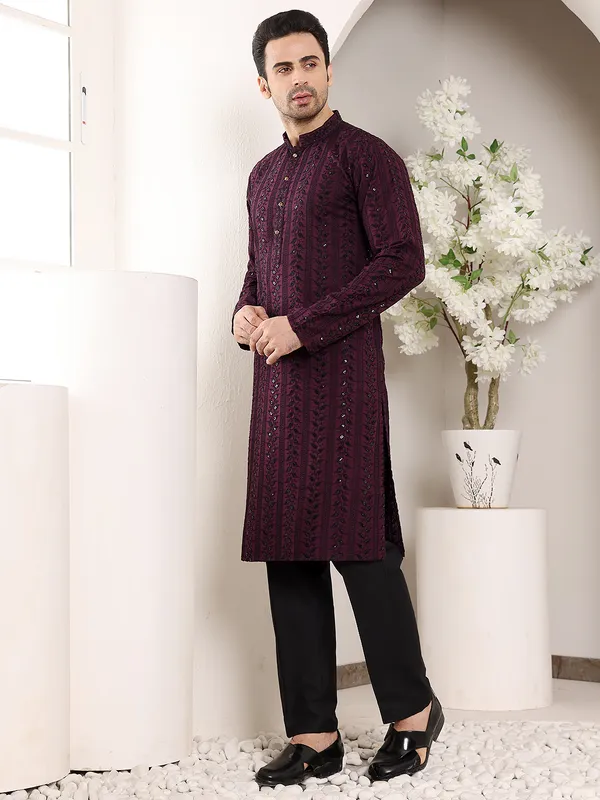 Purple_Straight_Viscose_Silk_Embroidered_Neckline_And_Motifs_Kurta_For_Men