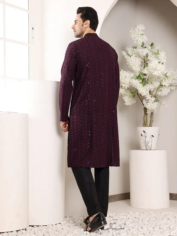 Purple_Straight_Viscose_Silk_Embroidered_Neckline_And_Motifs_Kurta_For_Men