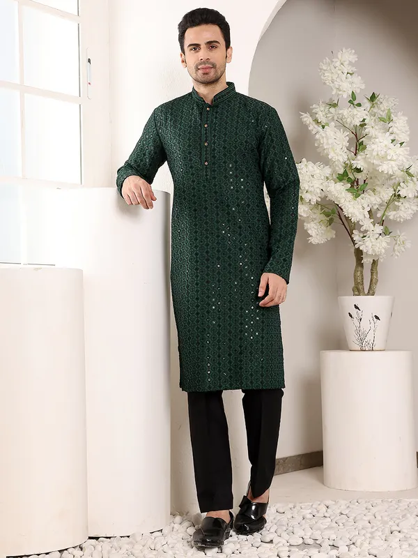 Dark_Green_Straight_Viscose_Silk_Embroidered_Neckline_And_Motifs_Kurta_For_Men