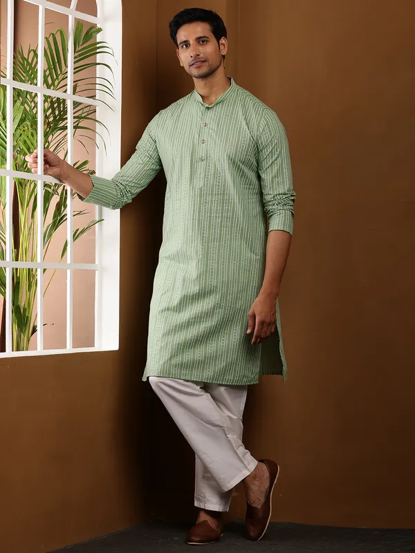 Light_Green_Printed_Viscose_Blend_Long_For_Festive_Wear_Kurta_For_Men