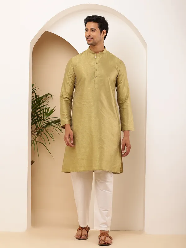 Light_Olive_Viscose_Blend_Self-Design_And_Mandarin_Collar_Kurta_For_Men