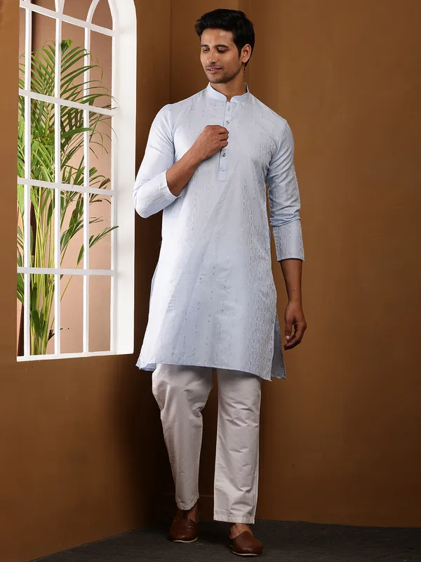 Light_Blue_Viscose_Blend_Textured_Pattern_Kurta_For_Men