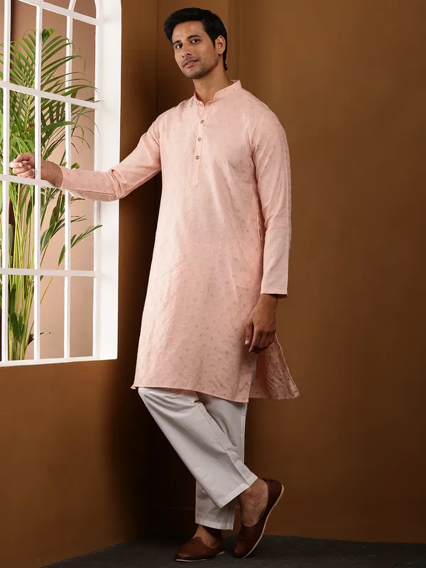 Salmon_Peach_Viscose_Blend_Classic_Cut_Kurta_For_Men