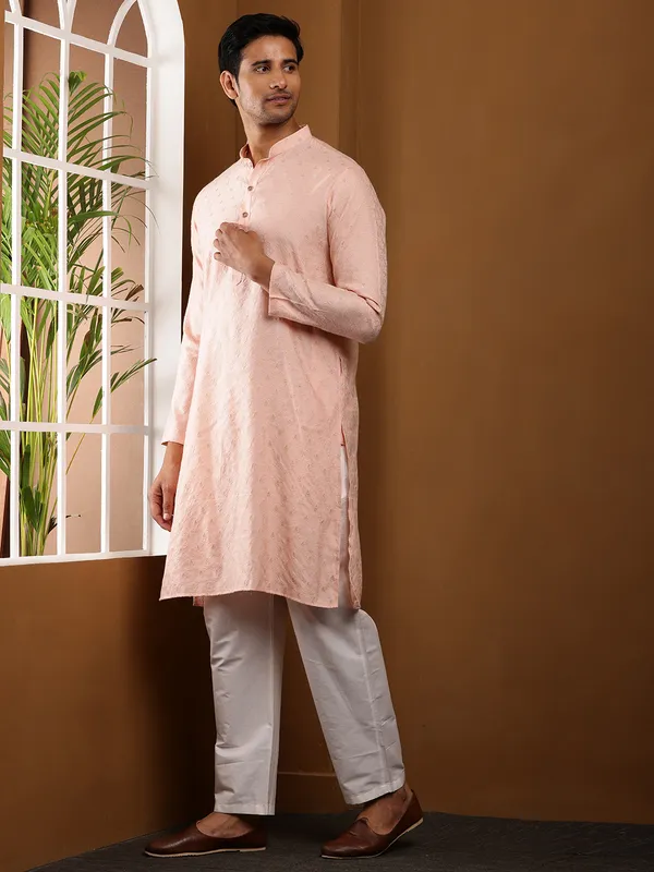 Salmon_Peach_Viscose_Blend_Classic_Cut_Kurta_For_Men