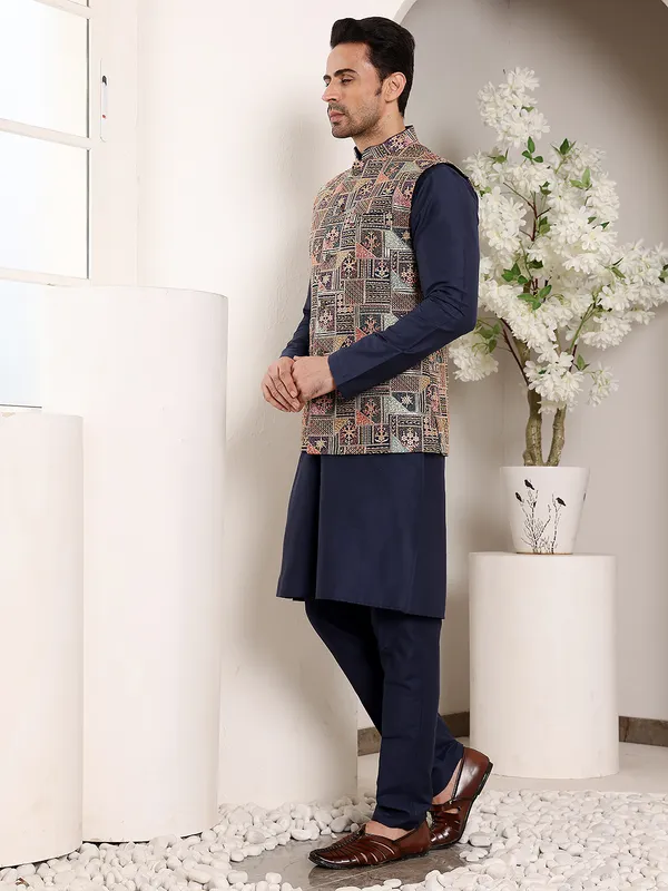 Men's_Blue_Kurta_Pajama_&_Multi-colour_Embroidered_Nehru_jacket_(Set_of_3)