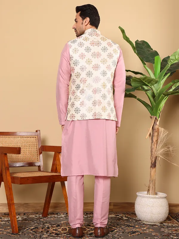 Men's_Pink_Kurta_Pajama_&_White_Embroidered_Nehru_jacket_(Set_of_3)