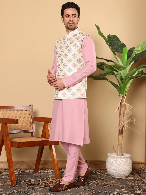 Men's_Pink_Kurta_Pajama_&_White_Embroidered_Nehru_jacket_(Set_of_3)
