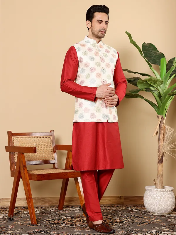 Men's_Red_Kurta_Pajama_&_White_Embroidered_Nehru_jacket_(Set_of_3)