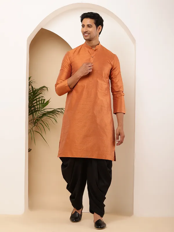 Men_Rust_Orange_Textured_Straight_Kurta_with_Black_Dhoti_Pants_Set