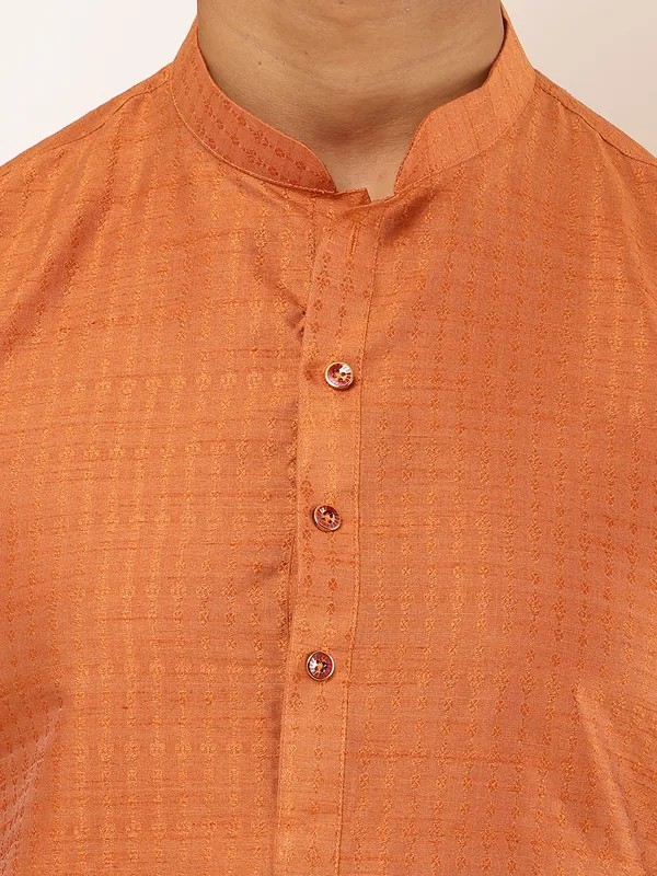 Men_Rust_Orange_Textured_Straight_Kurta_with_Black_Dhoti_Pants_Set