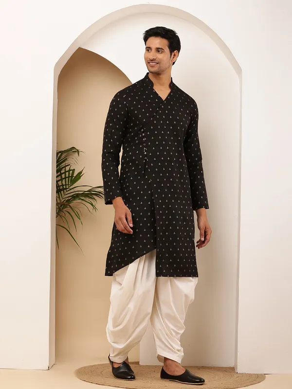 Men_Black_Weaving_Design_Straight_Cotton_Kurta_with_White_Dhoti_Pants_Set