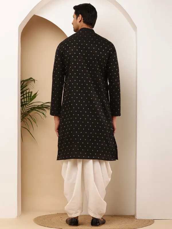 Men_Black_Weaving_Design_Straight_Cotton_Kurta_with_White_Dhoti_Pants_Set