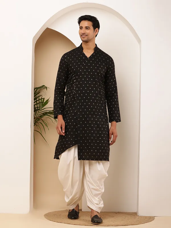 Men_Black_Weaving_Design_Straight_Cotton_Kurta_with_White_Dhoti_Pants_Set